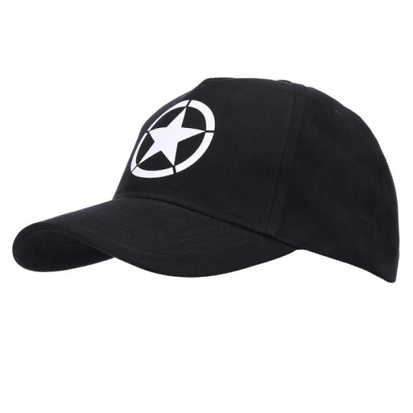 215151 279 Baseball cap Allied Star WWII zwart Baseball cap van 100% katoen. De cap is verstelbaar en heeft een print op de voorzijde van de cap. Zwart