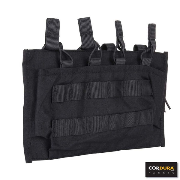 359848 13 05 Pouch voor M4 magazijnen gemaakt van Cordura Fabric. Voorzien van Molle over de gehele pouch om materialen aan te bevestigen. Plaats voor 4 magazijnen naast elkaar. Makkelijk te bevestigen aan riem/koppel. Kenmerken: - Cordura Fabric - Molle systeem - Voorzien van elastiek om magazijnen te borgen - Ruimte voor 4 magazijn Afmetingen: 16 x 29,5 x 5 cm. <div class="colordesc">zwart</div>