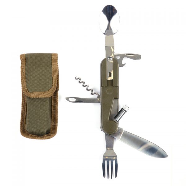 BESTEK MET LAMPJE Multifunctioneel bestek met lampje. <strong>Deze uitvouwbare set bestaat uit:</strong> <ul> <li>Lepel</li> <li>Vork</li> <li>Opener</li> <li>Kurkentrekker</li> <li>Mes</li> <li>Klein mes</li> <li>Lamp</li> </ul> groen