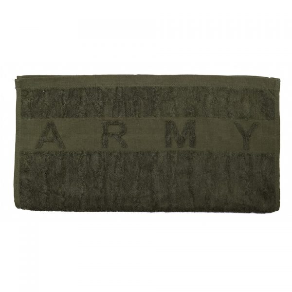 HANDDOEK ARMY Handdoek army van 100% katoen. Alleen verkrijgbaar in het groen en met de tekst ARMY. Afmetingen: 100 X 50 cm. Verpakt in seal strakke verpakking. <div class="colordesc">groen</div>