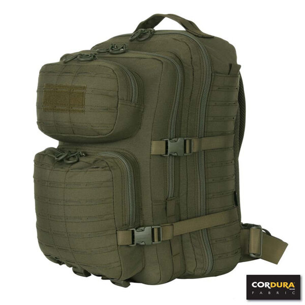 351623 11 02 De Lasercut 3-days assault rugzak Cordura LQ16172 is een stevige en veelzijdige rugzak, gemaakt van hoogwaardig Cordura Fabric. Dankzij het duurzame materiaal en de lasercut Molle-uitsparingen is deze rugzak ideaal voor outdooractiviteiten, school, en airsoft. De tas biedt volop opbergruimte met vier aparte vakken met ritssluiting en diverse interne opbergmogelijkheden. De comfortabele rugpadding en verstelbare draagstraps zorgen voor optimaal draagcomfort, terwijl de verstelbare heupband extra stabiliteit biedt.