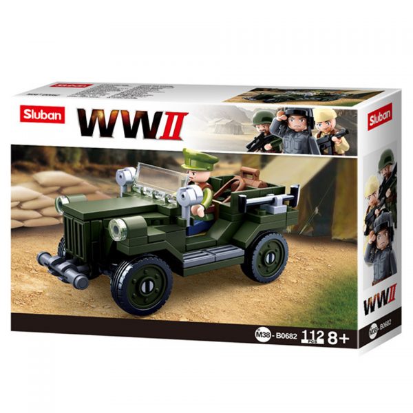 SLUBAN WWII ALLIED LIGHT TRUCK M38 B0682 160911 Sluban bouwstenen: het nieuwe speelgoedmerk met degelijke, duurzame plastic bouwstenen, kunststof blokjes en figuren met voordelige prijzen en ze passen gewoon op andere merken bouwstenen!