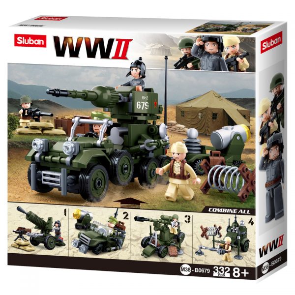 SLUBAN WWII GIFTBOX 4 IN 1 M38 B0679 161241 Sluban bouwstenen: het nieuwe speelgoedmerk met degelijke, duurzame plastic bouwstenen, kunststof blokjes en figuren met voordelige prijzen en ze passen gewoon op andere merken bouwstenen!