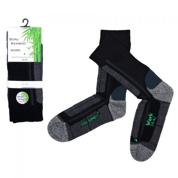 PR. WERK BORU BAMBOO SOKKEN <big><strong>Boru® Werk Bamboo sokken</strong></big> <hr /> <big>Bamboo sokken Zwart zijn hypo allergeen, antibacterieel, ademend en absorberend. Soepel en zacht voor extra draagcomfort en beschikken over thermo control. Dit laatste houdt in dat uw voeten extra worden beschermd in de zomer tegen de hitte en in de winter tegen koude temperaturen.</big> <strong>Kenmerken:</strong> <ul> <li><big>Badstof versterkt</big></li> <li><big>Gladde teennaad</big></li> <li><big>Versterkte hiel</big></li> <li><big>Schok reducerend</big></li> </ul> <big><strong>Materiaal:</strong> 50% Bamboo, 20% acryl, 17% polyamide, 10% katoen en 3% elasthan.</big> <div class="colorimg"></div>
