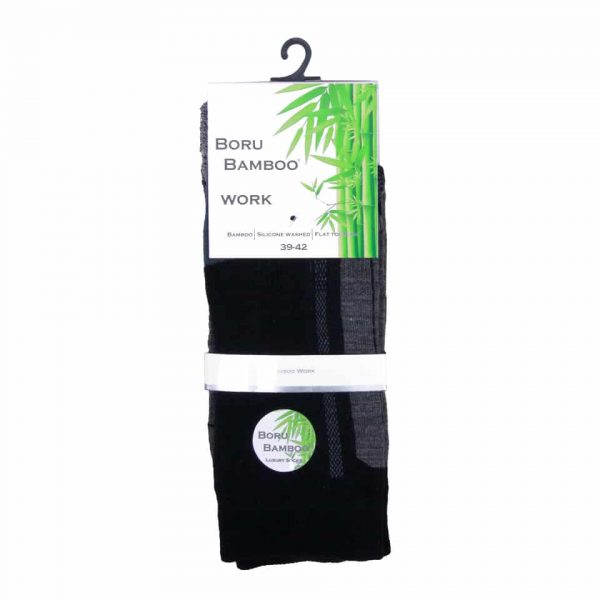 PR. WERK BORU BAMBOO SOKKEN1 <big><strong>Boru® Werk Bamboo sokken</strong></big> <hr /> <big>Bamboo sokken Zwart zijn hypo allergeen, antibacterieel, ademend en absorberend. Soepel en zacht voor extra draagcomfort en beschikken over thermo control. Dit laatste houdt in dat uw voeten extra worden beschermd in de zomer tegen de hitte en in de winter tegen koude temperaturen.</big> <strong>Kenmerken:</strong> <ul> <li><big>Badstof versterkt</big></li> <li><big>Gladde teennaad</big></li> <li><big>Versterkte hiel</big></li> <li><big>Schok reducerend</big></li> </ul> <big><strong>Materiaal:</strong> 50% Bamboo, 20% acryl, 17% polyamide, 10% katoen en 3% elasthan.</big> <div class="colorimg"></div>
