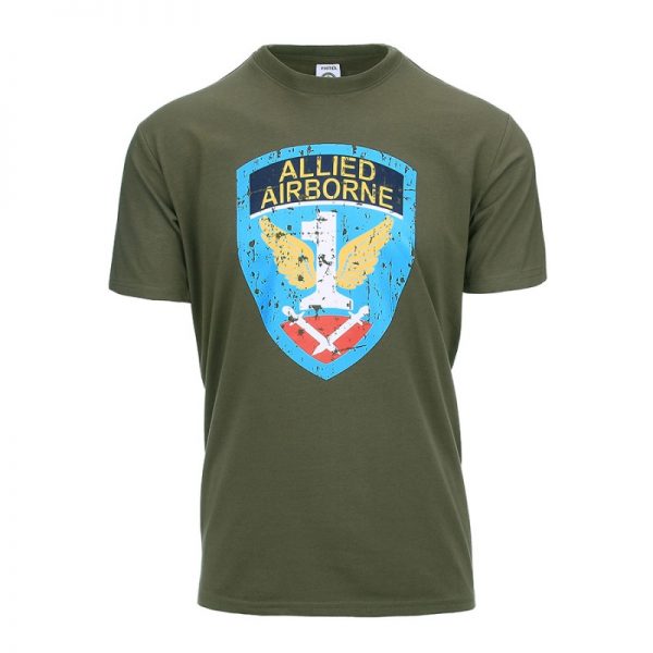133637 T shirt Allied Airborne groen <big><strong>Fostex</strong><strong>® WWII Series T-shirt Allied Airborne</strong></big> <hr /> <big>T-shirt gemaakt van 100% katoen. Uitstekende pasvorm en zeer comfortabel dankzij 5% elastan in het materiaal. <strong>Gewicht:</strong> 160 gram/m2</big> Groen