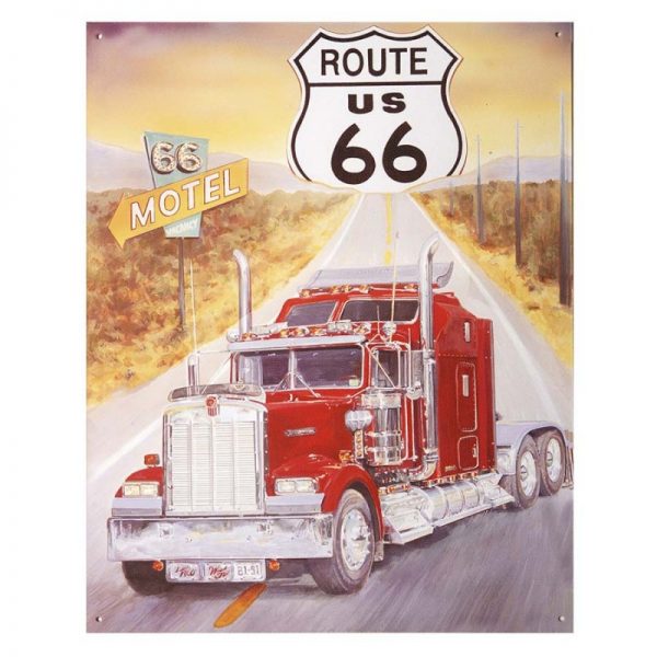 415151 2416 Metalen plaat groot 16. Route 66 US vrachtwagen Metalen plaat groot met tekst/afbeelding Afmeting: 39 x 30 cm.