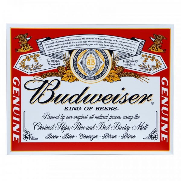 415151 2467 Metalen plaat groot 63. Budweiser Metalen plaat groot met tekst/afbeelding Afmeting: 32 x 41 cm.