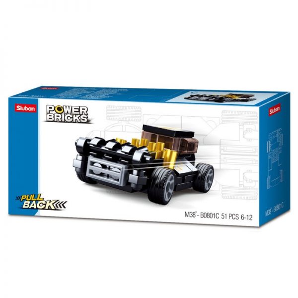 413292 Sluban Powerbricks PullbackBlack Mod Rod M38 B0801C 160931 Nieuwe lijn Sluban race auto’s. Deze zijn voorzien van de welbekende pull-back technologie. Door de auto naar achteren te trekken over een oppervlak wordt de motor opgeladen. Laat de auto los dan zal die wegscheuren!! Sluban heeft als missie om het spelen met educatief speelgoed voor alle kinderen mogelijk te maken. Ook in het nieuwe speelseizoen. Daarom ook in deze serie weer diverse scherp geprijsde bouwsets.