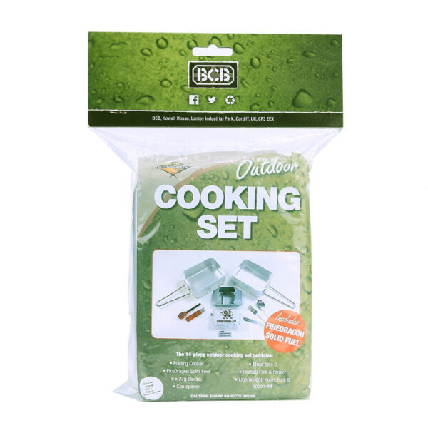 BCB outdoor cooking set CN0203 9-delige outdoor kookset van BCB Adventure. Een complete set welke is voorzien van diverse essentiële tools om een heerlijke maaltijd te kunnen bereiden in de buitenlucht. De BCB outdoor kookset is handig tijdens het bushcraften, vissen, kamperen en tal van andere outdooractiviteiten. <strong>De set bevat de volgende BCB items:</strong> - 2x Aluminum Mestin (CN246) - FireDragon Gel Brandstof 250ml (CN336C) - 25x Nat afneemdoekjel (CL450A) - Foldable cooker - Brandstof opvangbakje - Lichtgewicht KFS-set - mes, vork en lepel (CN1446) - Blikopener (CN225) - Midi Fireball Flint & Striker Vuurstarter (CN340M)