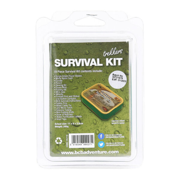 BCB trekkers survival tin CK015L4 <ul> <li><strong>Afmetingen box:</strong> 11 x 8 x 2.8 cm</li> <li><strong>Gewicht:</strong> 210 g</li> <li><strong>Materiaal:</strong> Regenbestendig blik</li> <li><strong>Kleur:</strong> Zilver</li> </ul> <hr /> <h3><strong>Waarom kiezen voor de BCB Outdoor Survival Kit CK015L?</strong></h3> ✔ <strong>Compact en draagbaar:</strong> Past gemakkelijk in je rugzak of jaszak. ✔ <strong>Regenbestendig ontwerp:</strong> Houdt de tools veilig en droog, zelfs bij slecht weer. ✔ <strong>Essentiële tools:</strong> Alles wat je nodig hebt om te overleven in de wildernis. ✔ <strong>Geschikt voor meerdere activiteiten:</strong> Ideaal voor hiken, trektochten, bushcraft en noodsituaties. ✔ <strong>Bewezen kwaliteit:</strong> Samengesteld door BCB Adventure, een vertrouwde naam in de outdoorbranche. Met de <strong>BCB Outdoor Survival Kit CK015L</strong> ben je altijd voorbereid en heb je de juiste tools binnen handbereik om je kansen op overleving en succes tijdens je outdooravonturen aanzienlijk te vergroten!