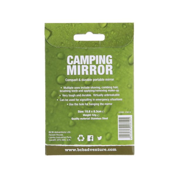 469127 BCB S S camping spiegel CS6142 <big>BCB S/S camping spiegel, ideaal om mee te nemen naar de camping door zijn kleine formaat.</big> <strong>Kenmerken:</strong> <ul> <li><big>Zeer sterk en duurzaam</big></li> <li><big>Kan worden gebruikt voor signalering in geval van nood</big></li> <li><big>Gebruik het gat om de spiegel op te hangen</big></li> </ul> <big><strong>Afmeting:</strong> 10,8 x 8,3 cm <strong>Gewicht: </strong>52 g</big> <a href="https://dedump.nl/wp-content/uploads/2021/01/BCB.png"><img class="alignnone size-full wp-image-35393" src="https://dedump.nl/wp-content/uploads/2021/01/BCB.png" alt="" width="94" height="50" /></a>