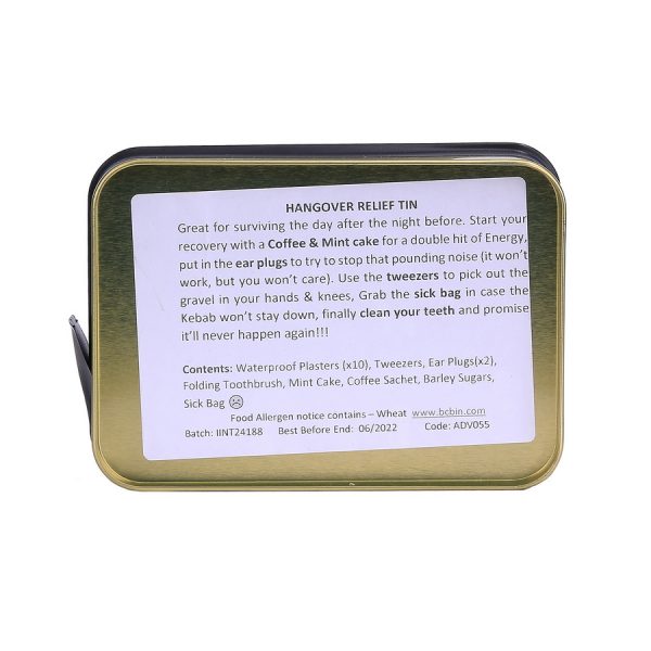 469473 BCB Hangover relief tin ADV0551 <big>De Hangover Relief Tin is gemaakt om de dag na de nacht ervoor te overleven.</big> <strong>Inhoud:</strong> <ul> <li><big>Ziektas</big></li> <li><big>Waterdichte pleisters</big></li> <li><big>Pincet</big></li> <li><big>Paar oordopjes</big></li> <li><big>Opvouwbare tandenborstel</big></li> <li><big>Munttaart</big></li> <li><big>Koffiesuiker</big></li> <li><big>Gerstesuiker</big></li> </ul> <big><strong>Gewicht:</strong> 160 g <strong>Productafmetingen: </strong>12 x 8,5 x 3,5 cm</big> <a href="https://dedump.nl/wp-content/uploads/2021/01/BCB.png"><img class="alignnone size-full wp-image-35393" src="https://dedump.nl/wp-content/uploads/2021/01/BCB.png" alt="" width="94" height="50" /></a>