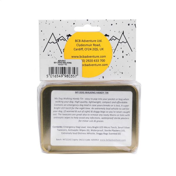 469474 BCB My dog walking tin ADV0531 <big>My Dog Walking Handy Tin is gemakkelijk in uw zak of tas te stoppen tijdens het wandelen met uw hond.</big> <strong>Kenmerken:</strong> <ul> <li><big>Hoge kwaliteit</big></li> <li><big>Lichtgewicht</big></li> <li><big>Compact</big></li> </ul> <big><strong>Inhoud:</strong> </big> <ul> <li><big>Hondenriem voor noodgevallen</big></li> <li><big>Zeer heldere LED-microzaklamp</big></li> <li><big>Kleine zilveren pincet</big></li> <li><big>Antiseptische doekjes (6)</big></li> <li><big>Waterdicht</big></li> <li><big>Steriele pleisters (10)</big></li> <li><big>Extreem luid noodfluitje</big></li> <li><big>Hondenzakjes met geur (6) </big></li> </ul> <big><strong>Gewicht: </strong>154 g <strong>Productafmetingen:</strong> 12 x 8,5 x 3,5 cm</big> <a href="https://dedump.nl/wp-content/uploads/2021/01/BCB.png"><img class="alignnone size-full wp-image-35393" src="https://dedump.nl/wp-content/uploads/2021/01/BCB.png" alt="" width="94" height="50" /></a>