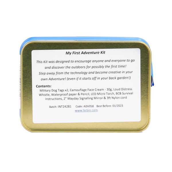 469471 BCB My first adventure tin ADV0581 <big>Stap weg van je mobiel of tablet en word creatief in je eigen avontuur (zelfs als het in je achtertuin begint)! Het doosje bevat allerlei spullen die je kunnen helpen tijdens je eerste avontuur.</big> <strong>Inhoud:</strong> <ul> <li><big>Militaire dogtags x2</big></li> <li><big>groene camouflage gezichtscrème (30g tube)</big></li> <li><big>fluitje </big></li> <li><big>watervast papier en potlood</big></li> <li><big>LED micro zaklamp blauw</big></li> <li><big>BCB overlevingsinstructies</big></li> <li><big>2 ”Mayday signaleringsspiegel</big></li> </ul> <big><strong>Gewicht:</strong> 212 gram <strong>Productafmetingen:</strong> 12 x 8,5 x 3,5 cm</big> <a href="https://dedump.nl/wp-content/uploads/2021/01/BCB.png"><img class="alignnone size-full wp-image-35393" src="https://dedump.nl/wp-content/uploads/2021/01/BCB.png" alt="" width="94" height="50" /></a>