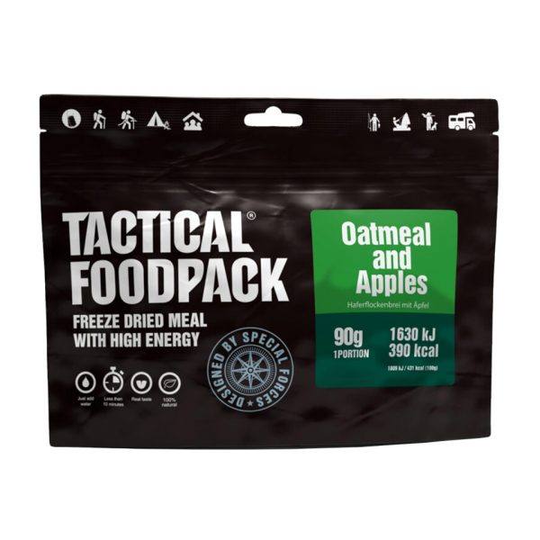 316100 Tactical Foodpack Oatmeal and Apples 90g <big>Een heerlijk ontbijt van havermout waaraan verse gevriesdroogde appelen zijn toegevoegd voor een sappige en frisse smaak. Het product bevat voor 82% echte boter wat hem heerlijk smeuig maakt. 100% natuurlijk, zonder conserveringsmiddelen en toevoegingen.</big> <big>Energiegehalte per portie is 390 kcal.</big> <big><strong>Hoe klaar te maken:</strong></big> <big>Open de verpakking - verwijder het vochtzakje - voeg 250ml warm/heet water toe - even goed roeren - sluit de verpakking weer en wacht 6 minuten - eet smakelijk!</big> <big><strong>Ingrediënten:</strong> Havermout (72%), melk, appel (10%), boter, suiker, kaneel, zout.</big> <big><strong>Let op! Kan sporen van selderij en mosterd bevatten.</strong></big>