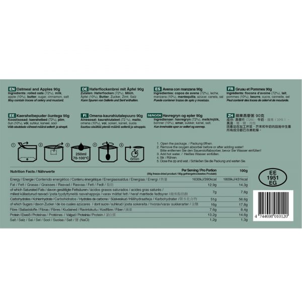 316100 Tactical Foodpack Oatmeal and Apples 90g2 <big>Een heerlijk ontbijt van havermout waaraan verse gevriesdroogde appelen zijn toegevoegd voor een sappige en frisse smaak. Het product bevat voor 82% echte boter wat hem heerlijk smeuig maakt. 100% natuurlijk, zonder conserveringsmiddelen en toevoegingen.</big> <big>Energiegehalte per portie is 390 kcal.</big> <big><strong>Hoe klaar te maken:</strong></big> <big>Open de verpakking - verwijder het vochtzakje - voeg 250ml warm/heet water toe - even goed roeren - sluit de verpakking weer en wacht 6 minuten - eet smakelijk!</big> <big><strong>Ingrediënten:</strong> Havermout (72%), melk, appel (10%), boter, suiker, kaneel, zout.</big> <big><strong>Let op! Kan sporen van selderij en mosterd bevatten.</strong></big>