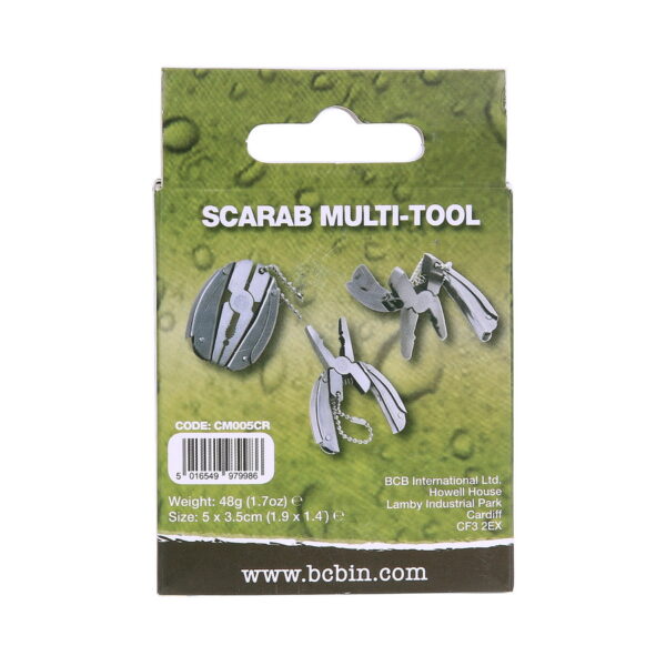 453240 BCB Scarab multi tool CM005CR3 <big>Een kleine multitool met een uniek inklapbaar handvatontwerp. Opgevouwen lijkt het op een oud Egyptisch mestkeversymbool, dat neemt niet weg dat het een geweldige lichtgewicht multitool is gemaakt van sterk roestvrij staal.</big> <big>De handgrepen zijn vooral comfortabel wanneer u de tang, draadtang, platte schroevendraaier, kruiskopschroevendraaier, nagelvijl, vingernagelreiniger of mes gebruikt.</big> <big><strong>Afmetingen: </strong>50 mm x 35 mm x 7 mm </big> <big><strong>Materiaal:</strong> roestvrij staal van 420 kwaliteit</big>