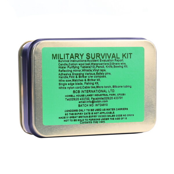 469458 BCB Military survival kit CK019 <big>Dit is een verbeterde versie van de zeer populaire BCB - Combat Survival Tin</big> <strong><big>Inhoud:</big></strong> <ul> <li><big>Waterbestendig blik</big></li> <li><big>Vinyltape</big></li> <li><big>2.6 "mes vergrendelbaar mes</big></li> <li><big>Waterdichte lucifers & spits</big></li> <li><big>Potlood</big></li> <li><big>Waterzuiveringstabletten</big></li> <li><big>Snaar draad</big></li> <li><big>Kaars nachtlampje </big></li> <li><big>Vuurbal vuursteen & spits met knop kompas</big></li> <li><big>Visuitrusting</big></li> <li><big>Noodfluitje</big></li> <li><big>Naaidoosje</big></li> <li><big>Veiligheidsspelden</big></li> <li><big>Basis draadzaag</big></li> <li><big>Signaal spiegel</big></li> <li><big>Tinnen handvat</big></li> <li><big>Mini led zaklamp</big></li> <li><big>Aanmaak (watten)bolletjes</big></li> <li><big>Enkelzijdige scheermessen</big></li> <li><big>Zelfklevende steriele pleisters</big></li> <li><big>Condooms (waterdragers)</big></li> <li><big>Overlevingsinstructies</big></li> <li><big>Ongeval evaluatie formulier</big></li> </ul> <big><strong>Afmetingen:</strong> 11 x 8 x 2,8 cm (4,5 "x 3 x 1")</big>