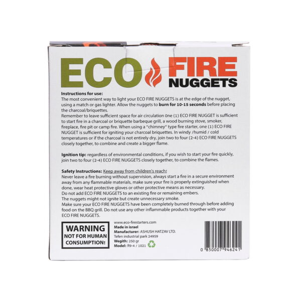 429755 Eco Fire Nuggets 24pcs3 Ontdek de Eco Fire Nuggets, jouw partner voor moeiteloos vuuraansteken. Gemaakt van duurzame houtbronnen, natuurlijk katoen en voedselveilige paraffinewas. Eenvoudig, veilig en milieubewust. Met een brandtijd van 10 minuten bieden deze vuurnuggets een snelle en betrouwbare oplossing voor steenkool, openhaarden, houtkachels, kampeervuren en meer. Niet-toxisch en 100% natuurlijk gerecycled materiaal maken ze de ideale keuze voor bewuste vuurliefhebbers. Ervaar het gemak van Eco Fire Nuggets en geniet van vuur op een verantwoorde manier.