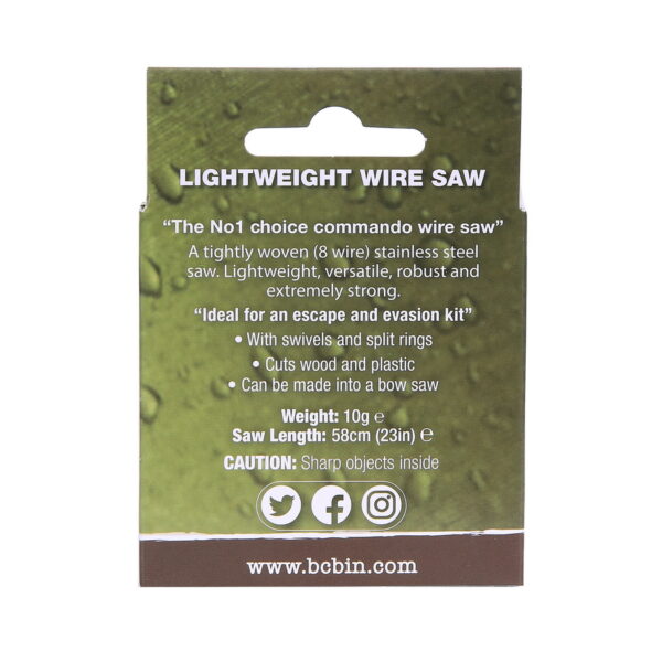 439351 BCB Commando draadzaag met ringen CM0202 <big>De zeer populaire, gepatenteerde, originele draadzaag van de BCB. De strak geweven (8-draads) roestvrijstalen zaag biedt een langere levensduur en is lichtgewicht. De originele METAL RING-handgrepen kunnen nog steeds onder de meest veeleisende omstandigheden worden gebruikt.</big> <strong>Kenmerken:</strong> <ul> <li><big>Zaagt hout, plastic en bot</big></li> <li><big>Kan worden verwerkt tot een beugelzaag</big></li> <li><big>Handvat - Twee metalen ringen, de een groter dan de ander</big></li> </ul>  