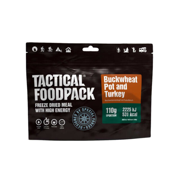 316112 Tactical Foodpack Buckwheat Pot and Turkey 110g <big>Een heerlijke boekweitschotel met gebakken kalkoen en zoete maïs voor een aangename smaak. Het gerecht bevat veel groenten en is rijk aan voedingsstoffen en energie. De schotel is glutenvrij. Tactical Foodpack is het beste gevriesdroogde voedsel voor kamperen, wandelen en outdoor avonturen.</big> <big>Energie-inhoud per portie is 531 kcal.</big> <big><strong>Ingrediënten:</strong> Boekweit (47%), room, kalkoendij (10%), wortelen, uien, rode peper, maïs, raapzaadolie, knoflook, specerijen, kruiden, zout. </big> <strong><big>Let op! Kan sporen van selderij, melk en mosterd bevatten.</big></strong>