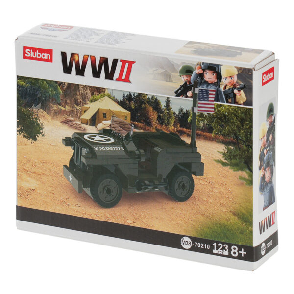 Sluban WWII Jeep US Army M38 70210 161413 De Sluban WWII Jeep US Army M38-70210 is een exclusieve en gedetailleerde bouwset, speciaal ontwikkeld voor Van Os Imports. Deze bouwset biedt een nostalgische ervaring van het iconische legerjeep uit de Tweede Wereldoorlog, met 123 blokjes die de perfect schaalmodel nabootsen. Sluban staat bekend om haar hoogwaardige militaire bouwsets en biedt een unieke collectie die compatibel is met andere grote bouwstenenmerken. Dit maakt de set perfect voor zowel Sluban verzamelaars als bouwsteenenthousiastelingen die willen combineren.