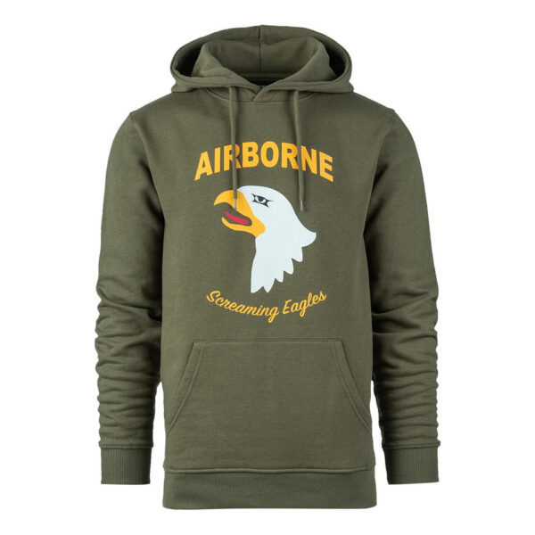 131387 11 01 <big>Comfortabele hoodie Dark Grey gemaakt van 60% katoen en 40% polyester. Deze hoodie is een basic item wat zowel door mannen als vrouwen kan worden gedragen. De hoodie kan gedragen worden voor als werktrui maar ook casual op een spijkerbroek.</big> <big>De hoodie is voorzien van een screaming eagle print. De screaming eagle is bekend van de 101st Airborne Divisie. Deze infanteriedivisie van het Amerikaanse leger is ingezet bij de Tweede Wereldoorlog, de Vietnam- oorlog en de oorlogen van Irak en Afghanistan</big> <big><strong>Kenmerken:</strong></big> <ul> <li><big>Aangename stevige stof en met zachte opgeruwde binnenkant</big></li> <li><big>​Capuchon met koord</big></li> <li><big>​Opgenaaide kangoeroezak voorop</big></li> <li><big>Stofdikte 320 g/m²</big></li> </ul>