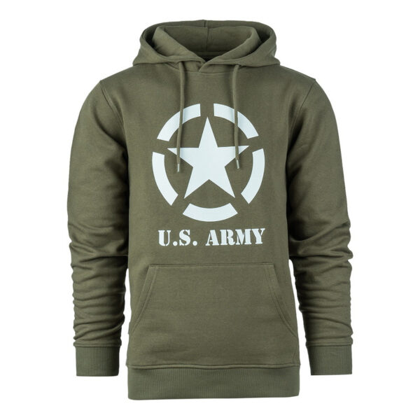 131388 11 01 <big>Comfortabele hoodie Groen gemaakt van 60% katoen en 40% polyester. Deze hoodie is een basic item wat zowel door mannen als vrouwen kan worden gedragen. De hoodie kan gedragen worden voor als werktrui maar ook casual op een spijkerbroek.</big> <big>De hoodie is voorzien van een geallieerde ster print. De geallieerde ster werd geschilderd op de bovenkanten van verschillende geallieerde voertuigen tijdens de Tweede Wereldoorlog. Het symbool staat voor vrijheid en de wil om te vechten voor waar je in gelooft.</big> <big><strong>Kenmerken:</strong></big> <ul> <li><big>Aangename stevige stof en met zachte opgeruwde binnenkant</big></li> <li><big>Capuchon met koord</big></li> <li><big>Opgenaaide kangoeroezak voorop</big></li> <li><big>Stofdikte 320g/m²</big></li> </ul>