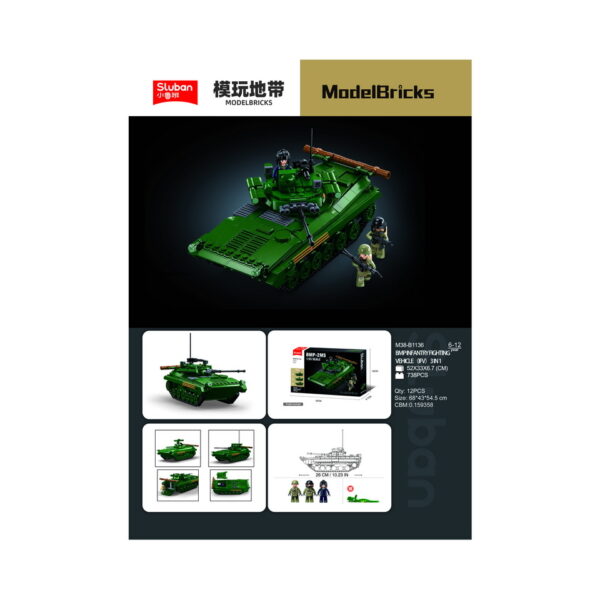 413348 Sluban Infantery fighting vehicle M38 B1136 161805 De Sluban Infantry Fighting Vehicle M38-B1136 #16180 is een geweldige bouwset voor liefhebbers van legergerelateerde constructies en creatief bouwen. Sluban is een merk dat bekend staat om zijn hoogwaardige bouwsets met militaire thema's, en deze set is geen uitzondering. Met in totaal 738 bouwstenen en 3 minifiguren biedt deze set urenlang bouwplezier en creatieve uitdagingen. Het resultaat is een indrukwekkende Infantry Fighting Vehicle, klaar voor fictieve militaire missies en avonturen. Een van de voordelen van Sluban is dat hun bouwstenen compatibel zijn met andere grote bouwsteenmerken, dus je kunt je fantasie de vrije loop laten en je eigen creaties maken zonder beperkingen. De doosafmetingen zijn 52 x 33 x 6,7 cm, en de moeilijkheidsgraad wordt beoordeeld als gemiddeld, geschikt voor bouwers vanaf 12 jaar en ouder. Of je nu een enthousiaste bouwer bent of een verzamelaar van militaire thema's, de Sluban Infantry Fighting Vehicle biedt een geweldige bouwervaring en een prachtig stuk om tentoon te stellen. Betreed de wereld van creatieve bouw met Sluban en bouw je eigen legeravonturen. <strong>Inhoud set:</strong> Aantal minifiguren: 3 Aantal blokjes: 738 Doosafmeting (BxHxD): 52 x 33 x 6,7 cm Moeilijkheidsgraad: gemiddeld (vanaf 12 jaar)