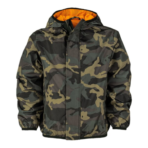 129458 Kinder windjack camo Houd je kleintje stijlvol en beschermd met het Kinder Windjack in camo-design. Gemaakt van duurzaam 100% polyester, biedt dit zomerse jack wind- en waterafstotende eigenschappen. De ademende mesh voering aan de binnenzijde zorgt voor comfort, terwijl de capuchon met elastiek, stormflap, robuuste ritssluiting en elastische onderboord en manchetten praktische details toevoegen. De twee steekzakken met ritssluiting maken dit windjack zowel trendy als functioneel.