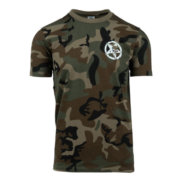 133647 T shirt Allied Star punisher camouflage Stoer en stijlvol: het Fostex® WWII Series T-shirt Allied Star - Punisher. Gemaakt van 95% katoen met peach finish voor een zachte touch. Bestel nu en combineer comfort met krachtige uitstraling.
