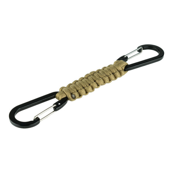 259146 112 01 De Paracord dubbele karabijnhaak JF026 is een handig en veelzijdig outdoor accessoire, ideaal voor diverse avontuurlijke activiteiten. Voorzien van duurzaam paracord touw en twee stevige karabijnhaken voor een veilige bevestiging.