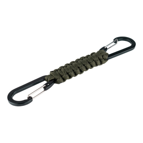 259146 11 01 De Paracord dubbele karabijnhaak JF026 is een handig en veelzijdig outdoor accessoire, ideaal voor diverse avontuurlijke activiteiten. Voorzien van duurzaam paracord touw en twee stevige karabijnhaken voor een veilige bevestiging.