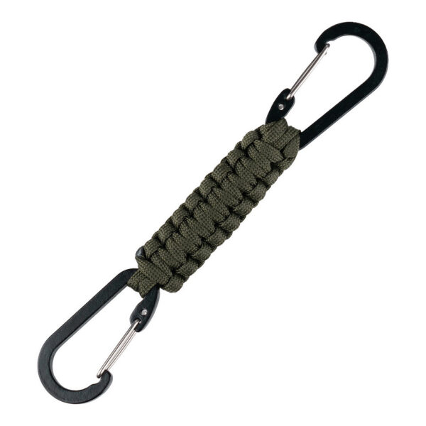 259146 11 02 De Paracord dubbele karabijnhaak JF026 is een handig en veelzijdig outdoor accessoire, ideaal voor diverse avontuurlijke activiteiten. Voorzien van duurzaam paracord touw en twee stevige karabijnhaken voor een veilige bevestiging.
