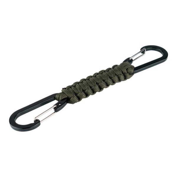 Paracord dubbele karabijnhaak JF026 De Paracord dubbele karabijnhaak JF026 is een handig en veelzijdig outdoor accessoire, ideaal voor diverse avontuurlijke activiteiten. Voorzien van duurzaam paracord touw en twee stevige karabijnhaken voor een veilige bevestiging.