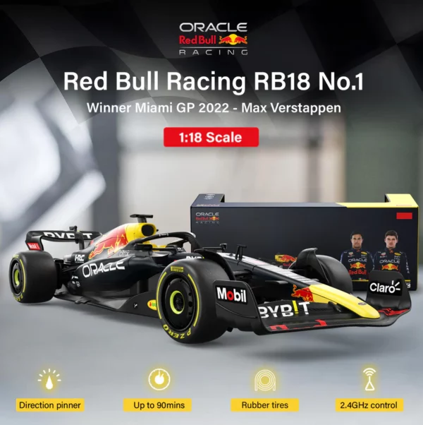 Reb Bull Formula 1 1 18 schaal2 Ontvang de ultieme race-ervaring met de Oracle Red Bull Racing RB18 RC Car 1/18 Schaal, een nauwkeurig nagemaakte replica van de iconische F1-wagen. Deze auto is volledig gelicenseerd door de F1-teams en beschikt over een gestroomlijnde carrosserie, gedetailleerde interieuronderdelen en een 2.4Ghz controle systeem voor maximale wendbaarheid. Met een bereik van 15 meter en de mogelijkheid om samen met andere auto's te racen, is dit de ideale keuze voor RC-enthousiastelingen.