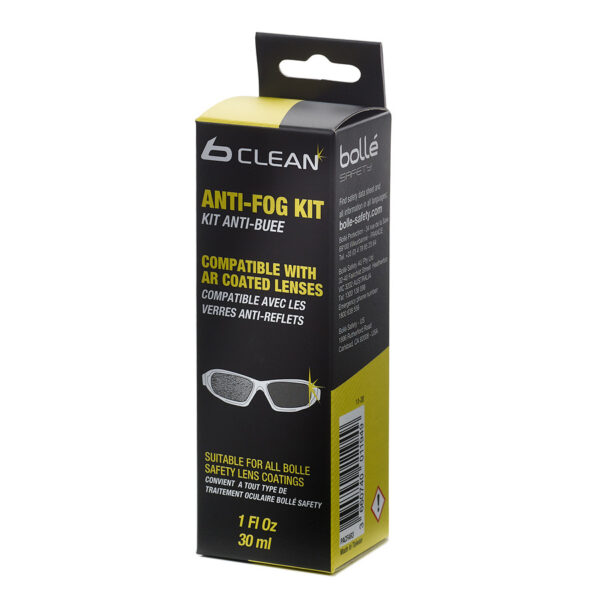Bolle B300 Anti fog kit 30 ml PACFAR3 211 De Bollé B300 Anti-fog kit (PACFAR3) biedt een complete en efficiënte reiniging van je bril met de B-Clean aquaformule. Dit siliconenvrije product is speciaal ontwikkeld om brillen te reinigen en beschermen zonder strepen of resten achter te laten. Geschikt voor alle soorten glazen, behalve AR-gecoate glazen van de PACF030 & PACF500 series.