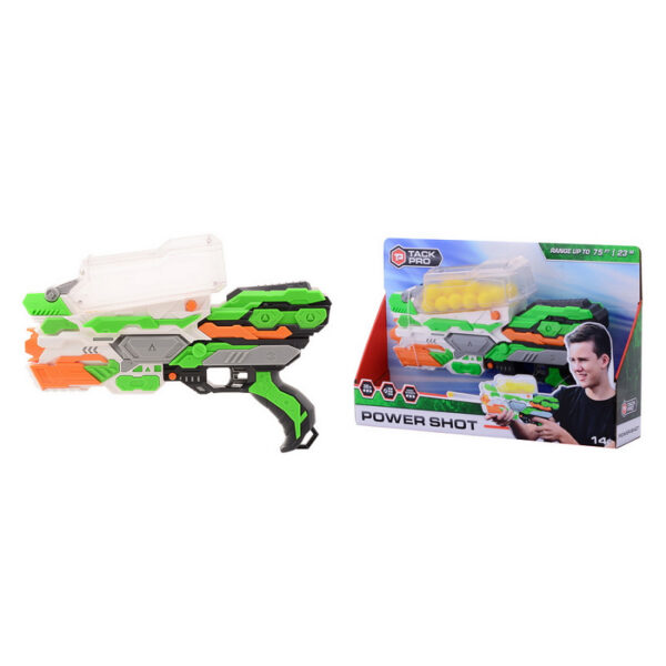 Tack Pro Power Shot I met 30 ballen 36 cm. 42 310421 De <strong>Tack Pro Power Shot I</strong> is de ideale shooter voor sportliefhebbers van alle leeftijden! Deze handige shooter wordt geleverd met <strong>30 foam ballen</strong>, perfect voor een scala aan actieve spellen en trainingen. Met een indrukwekkend bereik van bijna <strong>23 meter</strong> kun je je schietvaardigheden naar een hoger niveau tillen en genieten van een dynamische speelervaring. Of je nu traint voor een sport, een leuk spel speelt met vrienden of gewoon je coördinatie wilt verbeteren, de Tack Pro Power Shot I is een geweldige keuze. Het gebruiksvriendelijke ontwerp maakt het eenvoudig om te gebruiken, zodat zowel beginners als ervaren spelers er volop van kunnen genieten. De foam ballen zijn veilig in gebruik, waardoor ze perfect zijn voor binnen- en buitenspeelplezier.