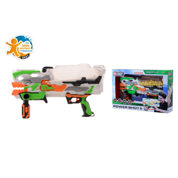 Tack Pro Power Shot II met 50 ballen 50 cm. 43 31043 De <strong>Tack Pro Power Shot II</strong> is de ultieme shooter voor de echte sportliefhebber! Dit innovatieve apparaat wordt geleverd met <strong>50 hoogwaardige foam ballen</strong>, perfect voor zowel binnen- als buitenspeelplezier. Met een bereik van bijna <strong>25 meter</strong> biedt deze shooter een indrukwekkende afstand, waardoor je een breed scala aan spellen en oefeningen kunt uitvoeren. Of je nu je schietvaardigheden wilt verbeteren, plezier wilt hebben met vrienden of gewoon een actieve tijd wilt doorbrengen, de Tack Pro Power Shot II is de perfecte keuze. Het ontwerp is gebruiksvriendelijk, zodat iedereen, van beginners tot ervaren spelers, moeiteloos kan genieten van het schieten van ballen. De foam ballen zijn veilig en ideaal voor gebruik op verschillende oppervlakken, waardoor ze geschikt zijn voor een verscheidenheid aan activiteiten.