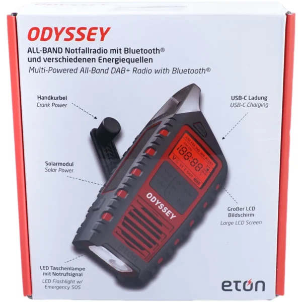 Odyssey DAB6 De <strong>Etón ODYSSEY DAB+</strong> is dé ultieme noodradio die je overal en altijd van dienst is. Deze robuuste en betrouwbare radio biedt <strong>vijf verschillende stroombronnen</strong>, waardoor je nooit zonder energie zit, waar je ook bent. Of je nu thuis bent, onderweg of midden in de natuur, de ODYSSEY is een essentieel hulpmiddel. De radio werkt op een <strong>oplaadbare lithiumbatterij (2000 mAh)</strong>, <strong>alkalinebatterijen</strong>, een <strong>zonnepaneel</strong>, een <strong>handmatige slingerdynamo</strong>, of via een netstroomadapter. Daarnaast is hij spatwaterdicht, waardoor hij bestand is tegen regen en vochtige omstandigheden, en beschikt hij over een <strong>heldere zaklamp en rood noodbaken</strong>. Met ingebouwde <strong>Bluetooth-functionaliteit</strong> kun je draadloos muziek streamen, terwijl de <strong>DAB+ en AM/FM/SW/WB-radio-dekking</strong> ervoor zorgen dat je altijd op de hoogte blijft van belangrijke informatie. De ODYSSEY is niet alleen een radio, maar ook een <strong>powerbank</strong> waarmee je je smartphone of tablet kunt opladen, ideaal tijdens noodsituaties of lange outdoortrips. Het compacte en lichtgewicht ontwerp maakt hem makkelijk mee te nemen, en de opvallende <strong>rood/zwarte kleur</strong> voegt een stoer en modern tintje toe.   <ul> <li><a href="https://dedump.nl/wp-content/uploads/2024/11/E60110553_Odyssey-FactSheet-052223-EN.pdf" target="_blank" rel="noopener">SpecSheet</a></li> <li><a href="https://dedump.nl/wp-content/uploads/2024/11/E60110553_Manual-ENGLISH.pdf" target="_blank" rel="noopener">Gebruiksaanwijzing</a></li> </ul>