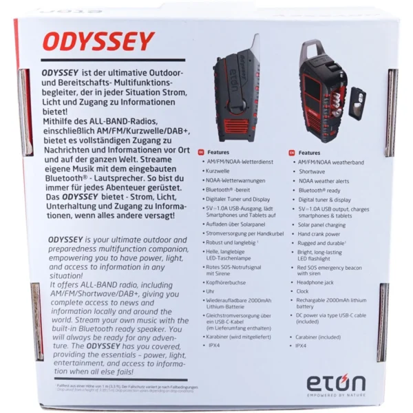 Odyssey DAB7 De <strong>Etón ODYSSEY DAB+</strong> is dé ultieme noodradio die je overal en altijd van dienst is. Deze robuuste en betrouwbare radio biedt <strong>vijf verschillende stroombronnen</strong>, waardoor je nooit zonder energie zit, waar je ook bent. Of je nu thuis bent, onderweg of midden in de natuur, de ODYSSEY is een essentieel hulpmiddel. De radio werkt op een <strong>oplaadbare lithiumbatterij (2000 mAh)</strong>, <strong>alkalinebatterijen</strong>, een <strong>zonnepaneel</strong>, een <strong>handmatige slingerdynamo</strong>, of via een netstroomadapter. Daarnaast is hij spatwaterdicht, waardoor hij bestand is tegen regen en vochtige omstandigheden, en beschikt hij over een <strong>heldere zaklamp en rood noodbaken</strong>. Met ingebouwde <strong>Bluetooth-functionaliteit</strong> kun je draadloos muziek streamen, terwijl de <strong>DAB+ en AM/FM/SW/WB-radio-dekking</strong> ervoor zorgen dat je altijd op de hoogte blijft van belangrijke informatie. De ODYSSEY is niet alleen een radio, maar ook een <strong>powerbank</strong> waarmee je je smartphone of tablet kunt opladen, ideaal tijdens noodsituaties of lange outdoortrips. Het compacte en lichtgewicht ontwerp maakt hem makkelijk mee te nemen, en de opvallende <strong>rood/zwarte kleur</strong> voegt een stoer en modern tintje toe.   <ul> <li><a href="https://dedump.nl/wp-content/uploads/2024/11/E60110553_Odyssey-FactSheet-052223-EN.pdf" target="_blank" rel="noopener">SpecSheet</a></li> <li><a href="https://dedump.nl/wp-content/uploads/2024/11/E60110553_Manual-ENGLISH.pdf" target="_blank" rel="noopener">Gebruiksaanwijzing</a></li> </ul>