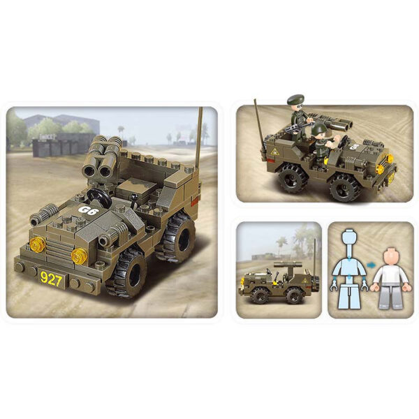 Sluban Jeep M38 B5800 161464 <strong>Sluban Jeep M38-B5800 - Bouw je eigen militaire jeep!</strong> Met de <strong>Sluban Jeep M38-B5800</strong> haal je een compacte en stoere bouwset in huis, ideaal voor fans van militaire voertuigen en avontuurlijke bouwprojecten. Deze gedetailleerde jeep is perfect voor het uitvoeren van missies en het verkennen van het slagveld. Of je nu op zoek bent naar een leuke activiteit voor kinderen of een aanvulling voor je militaire bouwcollectie, deze jeep biedt eindeloos speelplezier. Wat Sluban uniek maakt, is de compatibiliteit met andere grote bouwsteenmerken zoals LEGO®. Hierdoor kun je eenvoudig je bestaande collecties uitbreiden met de unieke militaire ontwerpen van Sluban. Dankzij het lichte gewicht van slechts 166 gram is dit een compacte set die ideaal is voor jonge bouwers en gemakkelijk mee te nemen is.