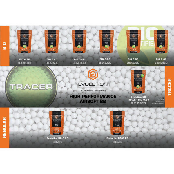 Evolution 030g High Performance BBs Bio 20 x 1kg doos6 De <strong>Evolution High Performance BBs Bio 0,30g</strong> zijn een premium keuze voor airsoft-spelers die de hoogste prestaties eisen, gecombineerd met milieuvriendelijkheid. Dankzij hun PLA-gebaseerde, biologisch afbreekbare samenstelling zijn deze BBs zowel duurzaam als van topkwaliteit. De verpakking bevat 20 zakken van 1 kg, ideaal voor intensieve gebruikers of airsoft-teams. De BBs zijn ontworpen voor maximale precisie en consistentie en beschikken over een perfect glad oppervlak, vrij van onvolkomenheden. Dit maakt ze uitstekend geschikt voor high-performance replica's en precisievaten. Hun hogere gewicht van 0,30g zorgt voor stabielere trajecten, ideaal voor langeafstandsgebruik.