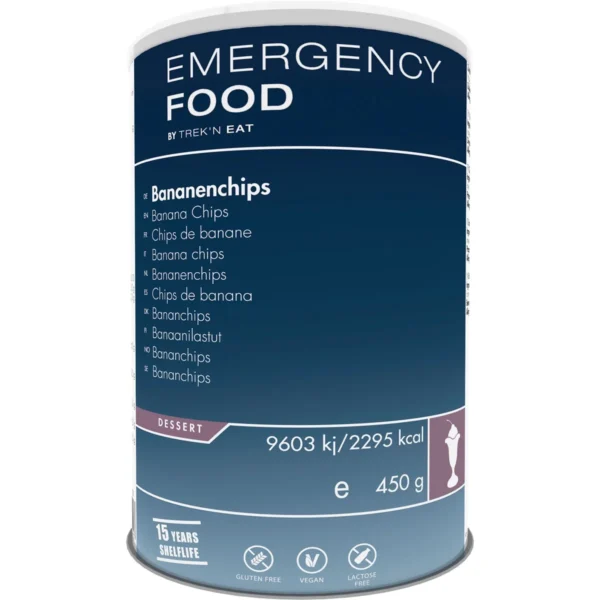 Emergency Food Banana Chips <h3 data-start="0" data-end="55"><strong data-start="4" data-end="55">Trek'n Eat Emergency Food – Banana Chips (450g)</strong></h3> <h4 data-start="57" data-end="81"><strong data-start="62" data-end="79">Omschrijving:</strong></h4> <p data-start="82" data-end="567">De <strong data-start="85" data-end="129">Trek'n Eat Emergency Food – Banana Chips</strong> is een smakelijke, handige snack die klaar is om te eten. Deze <strong data-start="193" data-end="224">gevriesdroogde bananenchips</strong> worden ingeblikt met stikstof en vacuümverpakking, waardoor ze <strong data-start="288" data-end="308">15 jaar houdbaar</strong> blijven. Ze zijn ideaal voor langdurige opslag, noodgevallen of als energieboost tijdens outdoor avonturen. Het blik is <strong data-start="429" data-end="447">herschroefbaar</strong> voor extra gemak en versheid. Geniet van de zoete, knapperige chips die je meteen kunt eten zonder enige voorbereiding!</p> <p data-start="89" data-end="626"><strong>>> <a href="https://dedump.nl/wp-content/uploads/2025/02/TR701101.01_Factsheet-Banana-Chips-V210216.pdf" target="_blank" rel="noopener" data-bind="click: $root.onAttachmentClicked">Factsheet</a></strong></p>