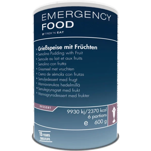 Emergency Food Semolina pudding with fruits <h3 data-start="0" data-end="73"><strong data-start="4" data-end="71">Trek'n Eat Emergency Food – Semolina Pudding with Fruits (600g)</strong></h3> <p data-start="100" data-end="563">De <strong data-start="103" data-end="161">Trek'n Eat Emergency Food – Semolina Pudding met Fruit</strong> is een voedzaam en smaakvol nagerecht dat ideaal is voor noodgevallen, outdoor avonturen en langdurige opslag. Dit blik bevat <strong data-start="288" data-end="301">6 porties</strong> en wordt eenvoudig bereid door de inhoud met kokend water te mengen en even te laten staan. Dankzij de <strong data-start="405" data-end="438">vacuüm- en stikstofverpakking</strong> blijft het product <strong data-start="458" data-end="478">15 jaar houdbaar</strong>. Het hersluitbare blik zorgt ervoor dat je meerdere porties kunt bewaren na opening.</p> <p data-start="89" data-end="626"><strong>>> <a href="https://dedump.nl/wp-content/uploads/2025/02/TR731101.01_Factsheet-Semolina-Pudding-with-Fruit-V210216.pdf" target="_blank" rel="noopener" data-bind="click: $root.onAttachmentClicked">Factsheet</a></strong></p>