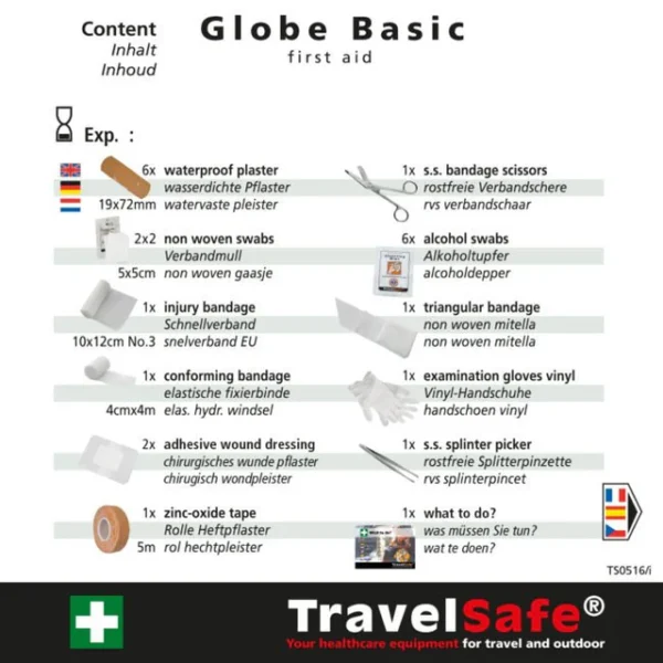 Globe Basic Bag1 <h3 data-start="0" data-end="78"><strong data-start="4" data-end="76">TravelSafe Globe Basic Bag – Complete EHBO-kit voor Reizen & Outdoor</strong></h3> <p data-start="105" data-end="409">De <strong data-start="108" data-end="138">TravelSafe Globe Basic Bag</strong> is een <strong data-start="146" data-end="172">zeer complete EHBO-kit</strong>, speciaal ontworpen voor reizigers en outdoorliefhebbers. De set bevat <strong data-start="244" data-end="278">alle essentiële EHBO-artikelen</strong> zoals pleisters, verband, een schaar en andere benodigdheden die je tijdens je reis of buitenactiviteit nodig zou kunnen hebben.</p> <p data-start="411" data-end="836">De <strong data-start="414" data-end="454">duurzame en slijtvaste polyester tas</strong> is uitgerust met <strong data-start="472" data-end="495">transparante vakken</strong>, waardoor je snel en overzichtelijk bij de juiste items kunt. Daarnaast heeft de tas een <strong data-start="585" data-end="619">ruim hoofdvak met ritssluiting</strong> en versterkte <strong data-start="634" data-end="657">bevestigingspatches</strong> aan de achterkant, zodat je de kit eenvoudig aan je <strong data-start="710" data-end="728">rugzak of riem</strong> kunt bevestigen. Er is ook extra ruimte beschikbaar om bijvoorbeeld persoonlijke medicijnen mee te nemen.</p> <p data-start="838" data-end="1295">Het hebben van een betrouwbare EHBO-kit is cruciaal, vooral op locaties waar medische hulp niet direct beschikbaar is. TravelSafe biedt specifieke kits afhankelijk van de reisbestemming:<br data-start="1024" data-end="1027" /><strong data-start="1030" data-end="1059">Blauw-rode First Aid Kit:</strong> Geschikt voor bestemmingen zonder risico op Hepatitis B/HIV (zoals Europa).<br data-start="1135" data-end="1138" /><strong data-start="1141" data-end="1176">Oranje-fluor gele Steriele Kit:</strong> Aanbevolen voor reizen naar regio’s met een verhoogd risico op infectieziekten (zoals Afrika, Zuid-Amerika en Azië).</p>
