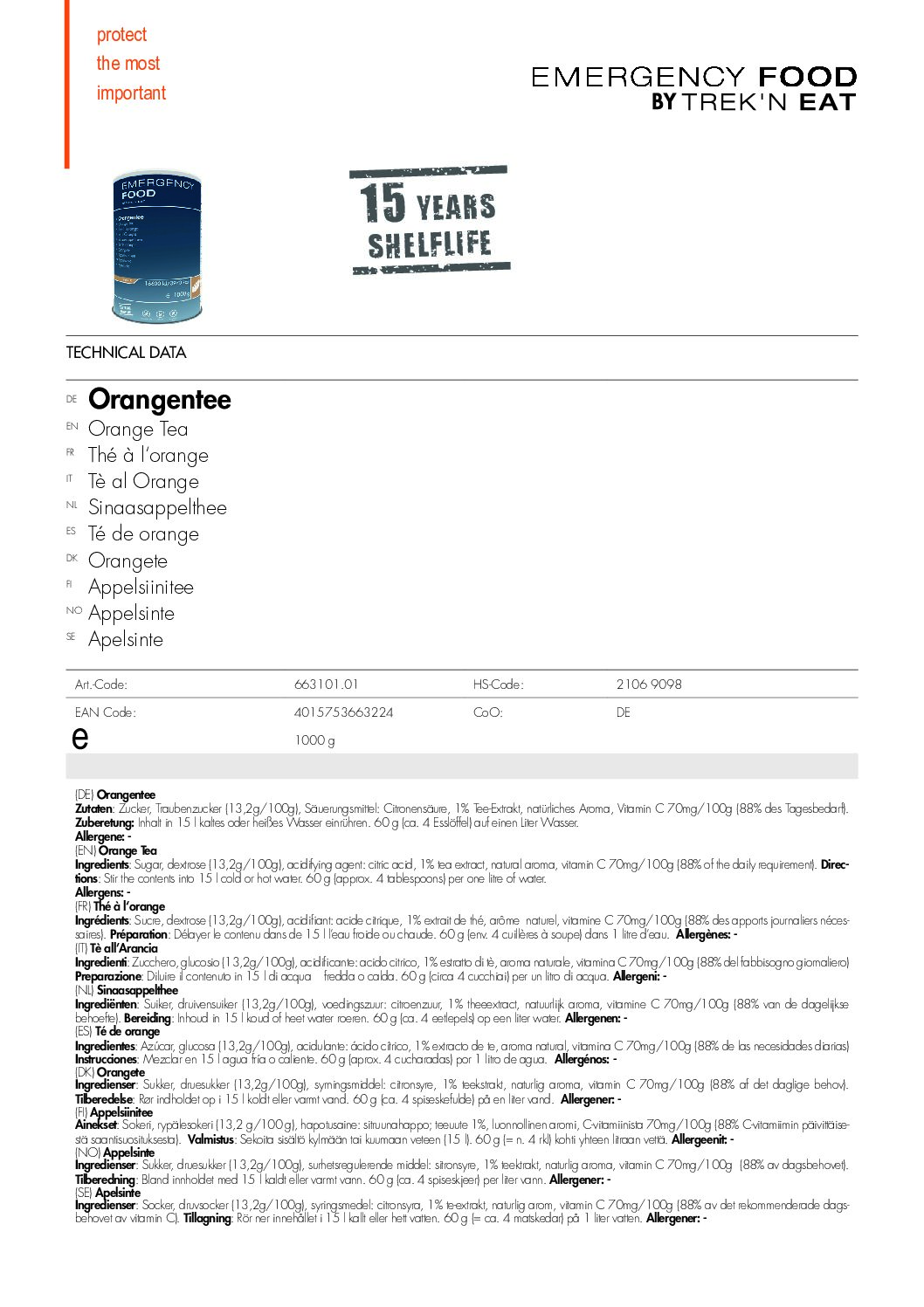 TR663101.01 Factsheet Orange Tea V210216 pdf <h3 data-start="0" data-end="52"><strong data-start="4" data-end="52">Trek'n Eat Emergency Food – Orange Tea</strong></h3> <p data-start="79" data-end="643">De <strong data-start="82" data-end="124">Trek'n Eat Emergency Food – Orange Tea</strong> biedt een heerlijke en verfrissende sinaasappeldrank die perfect is voor langdurige opslag en snelle bereiding. Dit <strong data-start="241" data-end="259">blik van 1000g</strong> bevat een smakelijke sinaasappeldrank die eenvoudig te bereiden is door het mengen met <strong data-start="347" data-end="371">kokend of koud water</strong>. Voeg <strong data-start="378" data-end="399">60g (4 eetlepels)</strong> van het poeder toe per <strong data-start="423" data-end="440">1 liter water</strong> en laat even staan voor een dorstlesser die je weer oppept. Dankzij de vacuüm- en stikstofverpakking heeft de thee een <strong data-start="560" data-end="588">houdbaarheid van 15 jaar</strong>, waardoor het ideaal is voor langdurige noodvoorraden.</p> <p data-start="89" data-end="626"><strong>>> <a href="https://dedump.nl/wp-content/uploads/2025/02/TR663101.01_Factsheet-Orange-Tea-V210216.pdf" target="_blank" rel="noopener" data-bind="click: $root.onAttachmentClicked">Factsheet</a></strong></p>