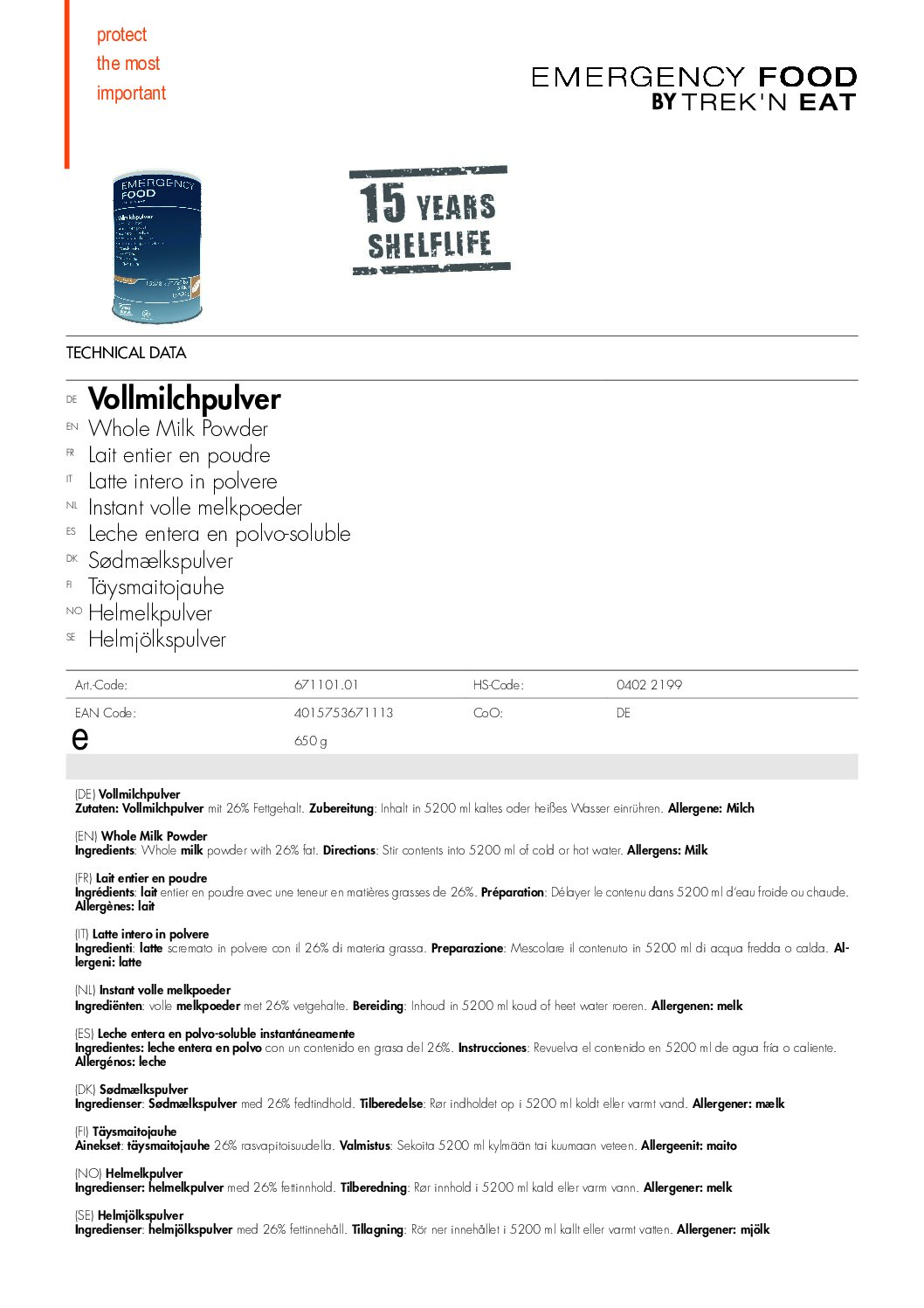 TR671101.01 FactSheet Whole Milk Powder V220726 pdf <h3 data-start="0" data-end="64"><strong data-start="4" data-end="62">Trek'n Eat Emergency Food: Volle Melk Poeder – Instant</strong></h3> <p data-start="66" data-end="461">De <strong data-start="69" data-end="111">Trek'n Eat Volle Melk Poeder – Instant</strong> is een <strong data-start="119" data-end="188">lang houdbaar, veelzijdig en voedzaam alternatief voor verse melk</strong>. Ideaal voor <strong data-start="202" data-end="261">noodrantsoenen, outdoor avonturen, kamperen en survival</strong>. Dit poedervormige melkproduct is <strong data-start="296" data-end="339">vacuüm verpakt in een hersluitbaar blik</strong>, waardoor het tot <strong data-start="358" data-end="378">15 jaar houdbaar</strong> blijft. Voeg simpelweg <strong data-start="402" data-end="415">water toe</strong> en geniet van een <strong data-start="434" data-end="458">volle en romige melk</strong>.</p> <h3 data-start="463" data-end="483"><strong data-start="467" data-end="481">Kenmerken:</strong></h3> <ul data-start="484" data-end="891"> <li data-start="484" data-end="553">✅ <strong data-start="488" data-end="519">Ingeblikt en vacuüm verpakt</strong> voor <strong data-start="525" data-end="550">maximale houdbaarheid</strong>.</li> <li data-start="554" data-end="626">✅ <strong data-start="558" data-end="578">15 jaar houdbaar</strong>: Perfect voor <strong data-start="593" data-end="623">preppers en noodrantsoenen</strong>.</li> <li data-start="627" data-end="722">✅ <strong data-start="631" data-end="652">Hersluitbaar blik</strong>: Voorzien van een <strong data-start="671" data-end="719">gemakkelijk te openen en hersluitbare deksel</strong>.</li> <li data-start="723" data-end="803">✅ <strong data-start="727" data-end="748">Instant oplosbaar</strong>: <strong data-start="750" data-end="783">Snel en eenvoudig te bereiden</strong> – meng met water.</li> <li data-start="804" data-end="891">✅ <strong data-start="808" data-end="833">Veelzijdig in gebruik</strong>: Ideaal voor <strong data-start="847" data-end="888">drinken, bakken, koken en koffie/thee</strong>.</li> </ul> <p data-start="89" data-end="626"><strong>>> <a href="https://dedump.nl/wp-content/uploads/2025/02/TR671101.01_FactSheet-Whole-Milk-Powder-V220726.pdf" target="_blank" rel="noopener" data-bind="click: $root.onAttachmentClicked"><span data-bind="text: $data.Name">Factsheet</span></a></strong></p>