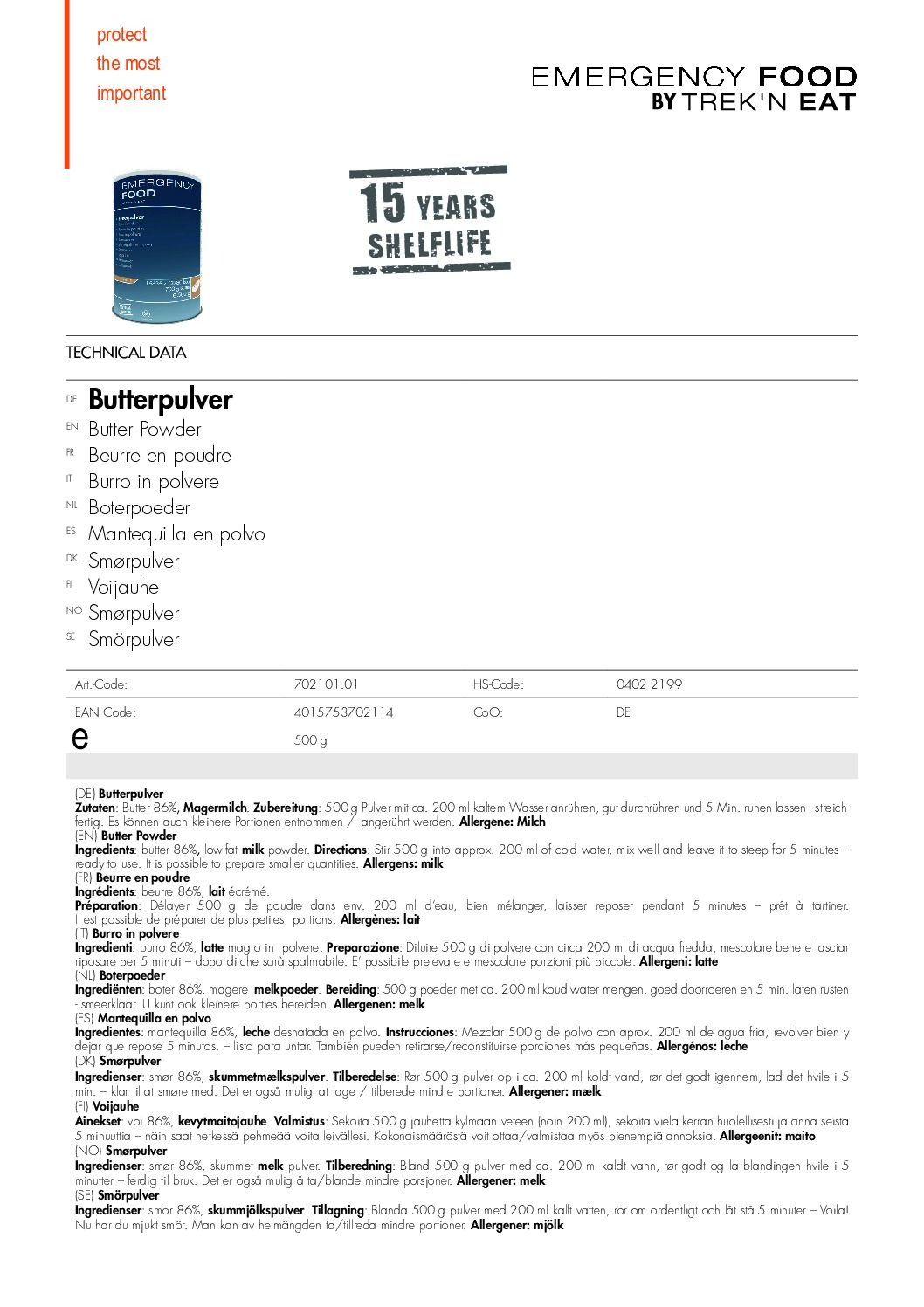 TR702101.01 Factsheet Butter Powder V210216 pdf <h3 data-start="0" data-end="48"><strong data-start="4" data-end="46">Trek'n Eat Emergency Food: Boterpoeder</strong></h3> <p data-start="50" data-end="472">De <strong data-start="53" data-end="79">Trek'n Eat Boterpoeder</strong> is een <strong data-start="87" data-end="126">lang houdbaar en veelzijdig product</strong> dat ideaal is voor <strong data-start="146" data-end="208">noodvoorraden, outdoor avonturen en off-grid levensstijlen</strong>. Dit premium boterpoeder is <strong data-start="237" data-end="268">ingeblikt en vacuüm verpakt</strong>, waardoor het tot <strong data-start="287" data-end="307">15 jaar houdbaar</strong> blijft. Voeg simpelweg <strong data-start="331" data-end="357">koud water toe en roer</strong> om een <strong data-start="365" data-end="395">romige en volle botersmaak</strong> te verkrijgen. Perfect voor koken, bakken of als smeerbare botervervanger.</p> <h3 data-start="474" data-end="494"><strong data-start="478" data-end="492">Kenmerken:</strong></h3> <ul data-start="495" data-end="938"> <li data-start="495" data-end="576">✅ <strong data-start="499" data-end="530">Ingeblikt en vacuüm verpakt</strong> voor <strong data-start="536" data-end="573">optimale houdbaarheid en versheid</strong>.</li> <li data-start="577" data-end="666">✅ <strong data-start="581" data-end="601">15 jaar houdbaar</strong>: Geschikt voor <strong data-start="617" data-end="663">langdurige voedselopslag en noodrantsoenen</strong>.</li> <li data-start="667" data-end="762">✅ <strong data-start="671" data-end="692">Hersluitbaar blik</strong>: Voorzien van een <strong data-start="711" data-end="759">gemakkelijk te openen en hersluitbare deksel</strong>.</li> <li data-start="763" data-end="862">✅ <strong data-start="767" data-end="794">Veelzijdig te gebruiken</strong>: <strong data-start="796" data-end="809">Smeerbaar</strong>, te gebruiken in <strong data-start="827" data-end="859">baksels, sauzen en gerechten</strong>.</li> <li data-start="863" data-end="938">✅ <strong data-start="867" data-end="891">Eenvoudige bereiding</strong>: Meng met <strong data-start="902" data-end="916">koud water</strong> en laat even staan.</li> </ul> <p data-start="89" data-end="626"><strong>>> <a href="https://dedump.nl/wp-content/uploads/2025/02/TR702101.01_Factsheet-Butter-Powder-V210216.pdf" target="_blank" rel="noopener" data-bind="click: $root.onAttachmentClicked"><span data-bind="text: $data.Name">Factsheet</span></a></strong></p>